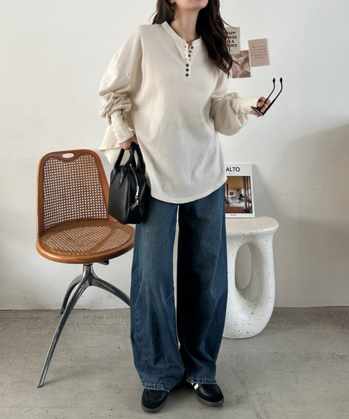 Eclat one(エクラワン)の「【Eclat one】ヘンリーネック ワッフル フレア プルオーバー(Tシャツ/カットソー・レディース・杢グレー/ブラウン/ブラック/アイボリー・FREE)」の7枚目の写真