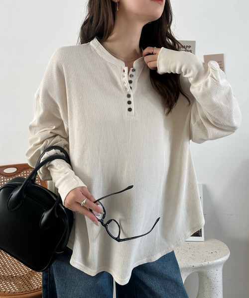 Eclat one(エクラワン)の「【Eclat one】ヘンリーネック ワッフル フレア プルオーバー(Tシャツ/カットソー・レディース・杢グレー/ブラウン/ブラック/アイボリー・FREE)」の8枚目の写真