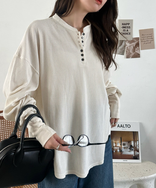 Eclat one(エクラワン)の「【Eclat one】ヘンリーネック ワッフル フレア プルオーバー(Tシャツ/カットソー・レディース・杢グレー/ブラウン/ブラック/アイボリー・FREE)」の6枚目の写真