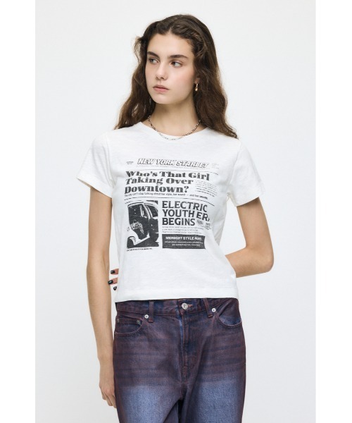 MOUSSY(マウジー)の「EXTRA NEWS PAPER Tシャツ(Tシャツ/カットソー・レディース・オフホワイト/ブラック/ライトピンク・FREE)」の10枚目の写真