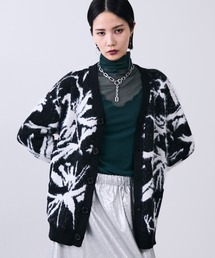 モノクロ柄シャギーVネックカーディガン