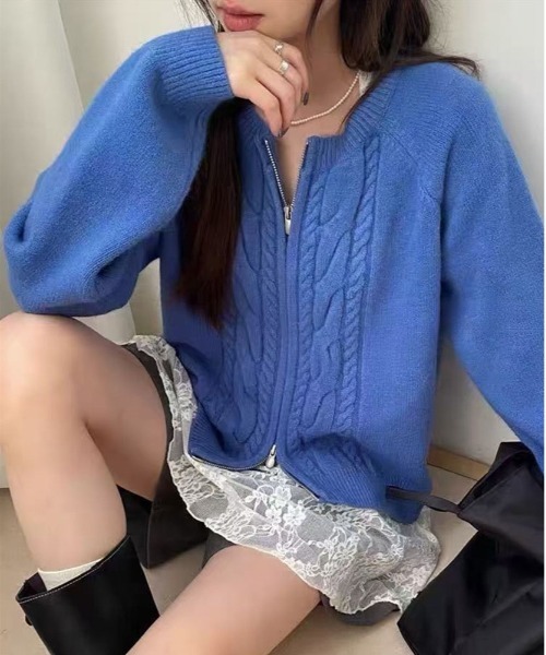 &soiree(アンドソワレ)の「Wジップケーブル編みニットトップス(ニット/セーター・レディース・パープル/ネイビー/オリーブ/オフホワイト/レッド/グレー/オレンジ/ブルー/ブラック・FREE)」の7枚目の写真