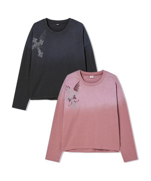LIFE WORK(ライフワーク)の「レディース) ヴィンテージウィングクロスクロップ長袖Tシャツ(Tシャツ/カットソー・レディース・チャコールグレー/ライトピンク・FREE)」の3枚目の写真