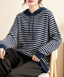 ボーダー柄ニットフーデッドパーカー