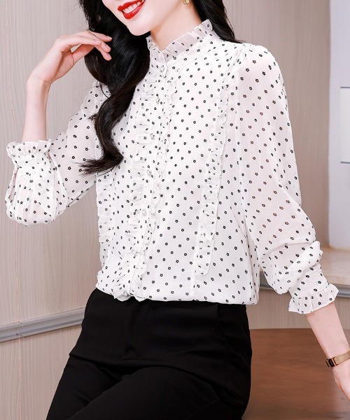 ONEP STAR(ワンピスター)の「小花柄フリル長袖スタンドカラーブラウス(シャツ/ブラウス・レディース・ホワイト・X-LARGE/LARGE/MEDIUM)」の7枚目の写真