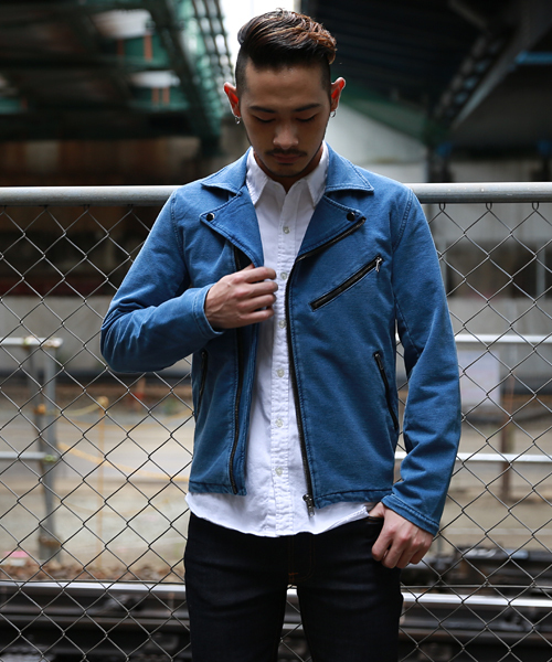 Rocky Monroe(ロッキーモンロー)の「カットデニムダブルライダースジャケット(ライダースジャケット・メンズ・ブラック/ネイビー・M/L)」の2枚目の写真