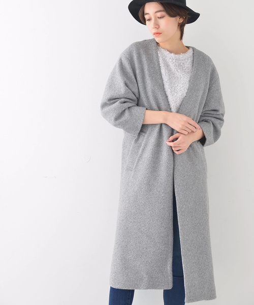 earth music&ecology（アースミュージックアンドエコロジー）の「・ノーカラーコート（ノーカラージャケット・レディース・ライトグレー/ネイビー/アイボリー/キャメル・FREE）」の2枚目の写真