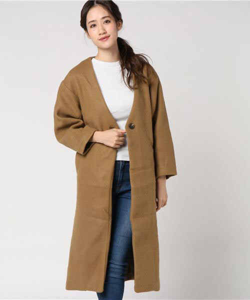 earth music&ecology（アースミュージックアンドエコロジー）の「・ノーカラーコート（ノーカラージャケット・レディース・ライトグレー/ネイビー/アイボリー/キャメル・FREE）」の17枚目の写真