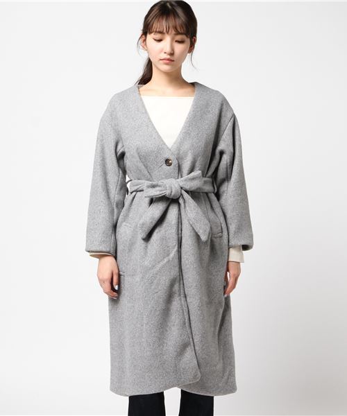 earth music&ecology（アースミュージックアンドエコロジー）の「・ノーカラーコート（ノーカラージャケット・レディース・ライトグレー/ネイビー/アイボリー/キャメル・FREE）」の5枚目の写真