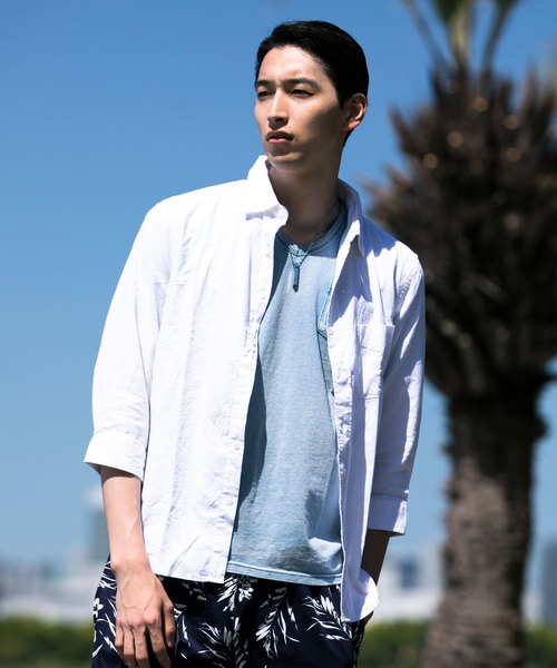 TopIsm(トップイズム)の「綿麻リネン7分袖 カラーシャツ(シャツ/ブラウス・メンズ・ライトグリーン/ワイン/カーキ/ピンク/イエロー/ブルー/ブラック/ネイビー/オフホワイト・L/LL/M)」の2枚目の写真