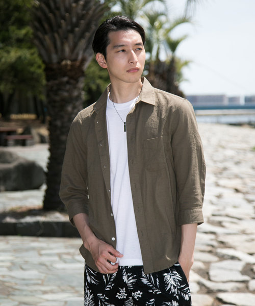 TopIsm(トップイズム)の「綿麻リネン7分袖 カラーシャツ(シャツ/ブラウス・メンズ・ライトグリーン/ワイン/カーキ/ピンク/イエロー/ブルー/ブラック/ネイビー/オフホワイト・L/LL/M)」の4枚目の写真