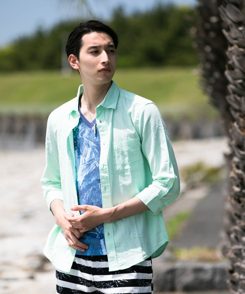 TopIsm(トップイズム)の「綿麻リネン7分袖 カラーシャツ(シャツ/ブラウス・メンズ・ライトグリーン/ワイン/カーキ/ピンク/イエロー/ブルー/ブラック/ネイビー/オフホワイト・L/LL/M)」の5枚目の写真