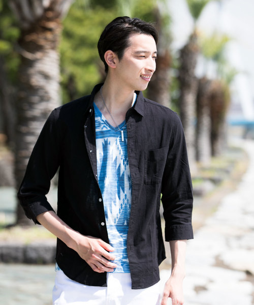 TopIsm(トップイズム)の「綿麻リネン7分袖 カラーシャツ(シャツ/ブラウス・メンズ・ライトグリーン/ワイン/カーキ/ピンク/イエロー/ブルー/ブラック/ネイビー/オフホワイト・L/LL/M)」の3枚目の写真