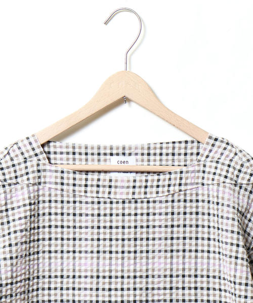 coen(コーエン)の「綿麻サッカーチェックスクエアネックブラウスⅡ(シャツ/ブラウス・レディース・グリーン・FREE)」の3枚目の写真