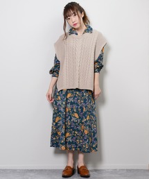 花柄オープンカラーワンピ