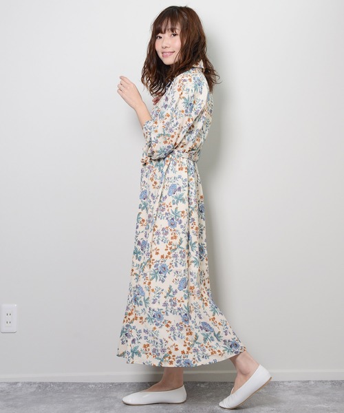 shopnikoniko(ショップニコニコ)の「花柄オープンカラーワンピ(ワンピース・レディース・グリーン/オフホワイト・フリー)」の6枚目の写真