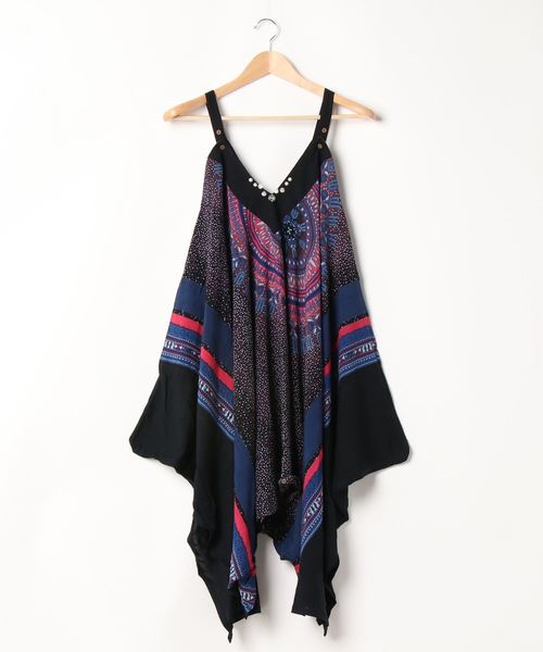 チャイハネ（チャイハネ）の「【チャイハネ】yul アフリカンダシキ柄サロペット＆キャミワンピース2WAY（サロペット/オーバーオール・レディース・ホワイト/ブラック/イエロー/グリーン・FREE）」の5枚目の写真