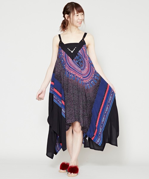 チャイハネ（チャイハネ）の「【チャイハネ】yul アフリカンダシキ柄サロペット＆キャミワンピース2WAY（サロペット/オーバーオール・レディース・ホワイト/ブラック/イエロー/グリーン・FREE）」の13枚目の写真