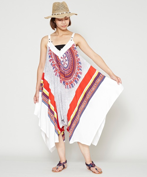 チャイハネ（チャイハネ）の「【チャイハネ】yul アフリカンダシキ柄サロペット＆キャミワンピース2WAY（サロペット/オーバーオール・レディース・ホワイト/ブラック/イエロー/グリーン・FREE）」の15枚目の写真