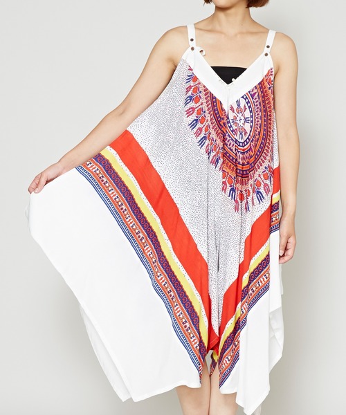 チャイハネ（チャイハネ）の「【チャイハネ】yul アフリカンダシキ柄サロペット＆キャミワンピース2WAY（サロペット/オーバーオール・レディース・ホワイト/ブラック/イエロー/グリーン・FREE）」の19枚目の写真