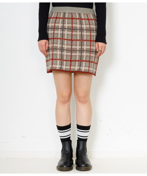 Bonjour Girl（ボンジュールガール）の「【Bonjour Girl/ボンジュールガール】２WAYニットチェックスカート（スカート・レディース・ベージュ/グレー/レッド・FREE）」の4枚目の写真