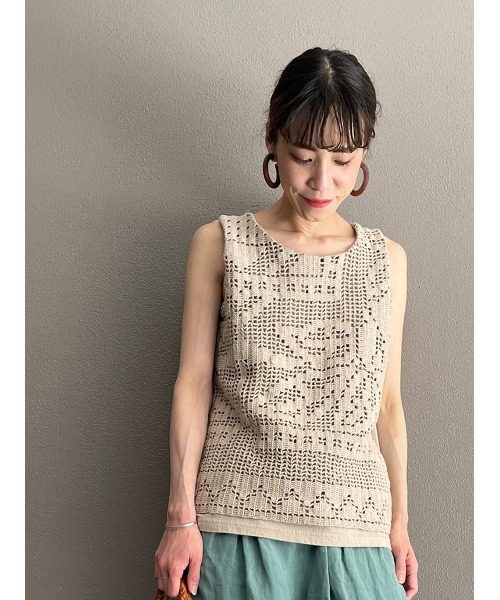 BEARDSLEY（ビアズリー）の「ヴィンテージレースタンク（Tシャツ/カットソー・レディース・ネイビー/ベージュ・FREE）」の4枚目の写真