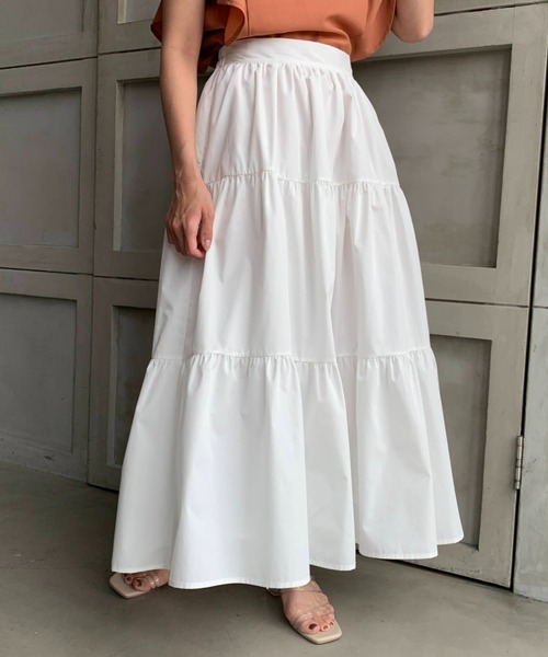 モモちゃん✦BRIEFING ✦スカート✦ホワイト✦M moment+（モーメントプラス）の「T/Cブロードティアードマキシスカート