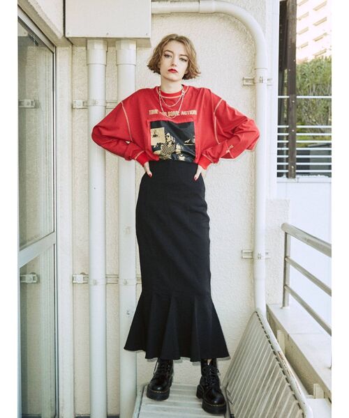 jouetie（ジュエティ）の「カラーステッチグランジ ロンT（Tシャツ/カットソー・レディース・ブラック/レッド/オフホワイト・MEDIUM）」の7枚目の写真