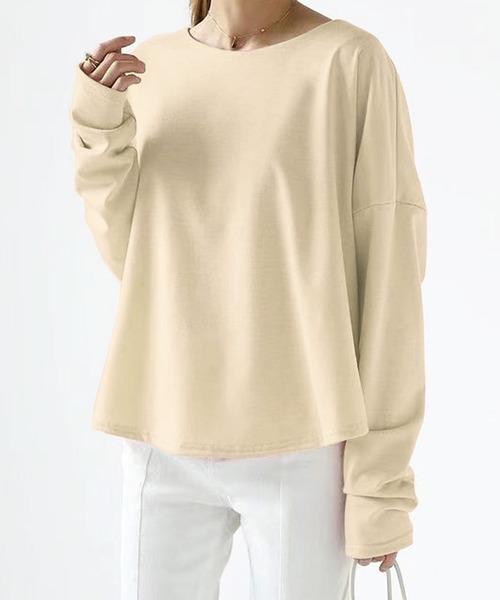 Amulet(アミュレット)の「バックプリーツロングカットソー(Tシャツ/カットソー・レディース・ホワイト/ブラウン/ブラック/ブルー/ピンク/グリーン/ベージュ/グレー・FREE)」の6枚目の写真