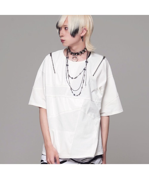 CIVARIZE(シヴァーライズ)の「『CIVARIZE/シヴァーライズ』PUレザー切り替えパッチワークショルダーZIPTシャツ(Tシャツ/カットソー・メンズ・ホワイト/ブラック・FREE)」の12枚目の写真