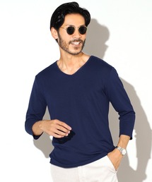 ストレッチVネック無地七分袖Tシャツ