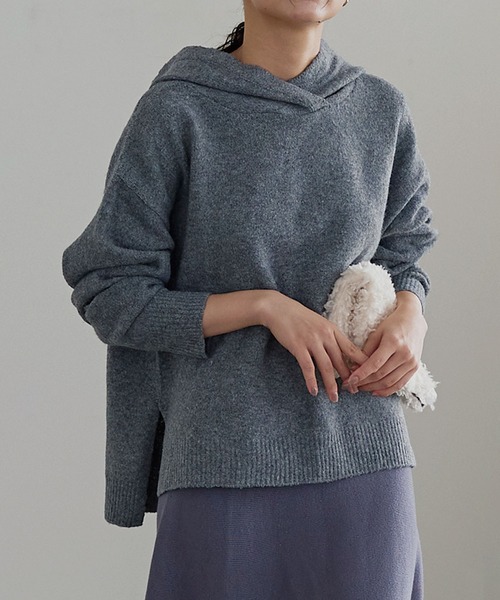 KOBE LETTUCE（コウベレタス）の「ウォッシャブルヤク風フーディニットトップス（パーカー・レディース・ブラック/アイボリー/ライラック/チャコール/ベージュ系・FREE）」の3枚目の写真