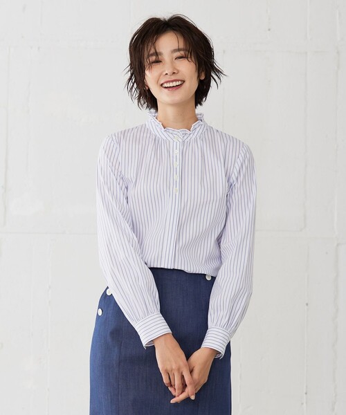 J.PRESS(ジェイプレス)の「【洗える】 BEZ VEGA フリル ストライプ ブラウス(シャツ/ブラウス・レディース・ピンク系1/ふじ色系1/ネイビー系1・9/11)」の3枚目の写真