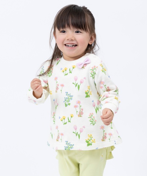 KP(ケーピー)の「日本製/mimiちゃん花柄プリントミニ裏毛Aライントレーナー(80~90)(スウェット・キッズ・杢グレー/オフホワイト・90cm/80cm)」の2枚目の写真