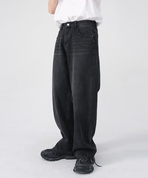ワイドシルエット ルーズストレート カラーウォッシュデニムパンツ