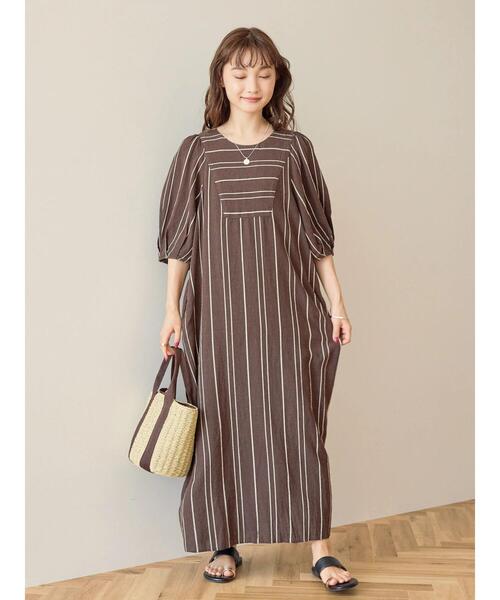 AMERICAN HOLIC（アメリカンホリック）の「リネンブレンドストライプワンピース（ワンピース・レディース・グリーン/ブラウン・M/L）」の5枚目の写真