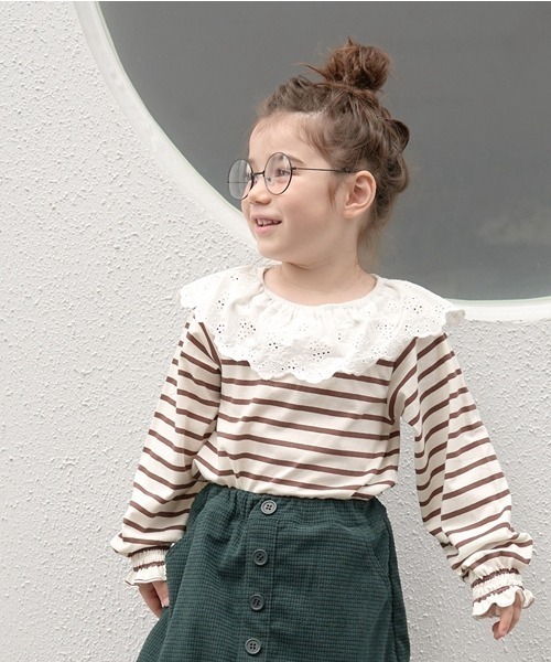 Lycee mine(リセマイン)の「【型崩れしないやわらかコットン】ラウンド衿付きトップス(Tシャツ/カットソー・キッズ・ラベンダー/グレイッシュベージュ/ダークブラウン/ピンク・110cm/120cm/140cm/150cm/130cm/100cm)」の2枚目の写真