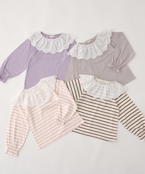 Lycee mine(リセマイン)の「【型崩れしないやわらかコットン】ラウンド衿付きトップス(Tシャツ/カットソー・キッズ・ラベンダー/グレイッシュベージュ/ダークブラウン/ピンク・110cm/120cm/140cm/150cm/130cm/100cm)」の13枚目の写真
