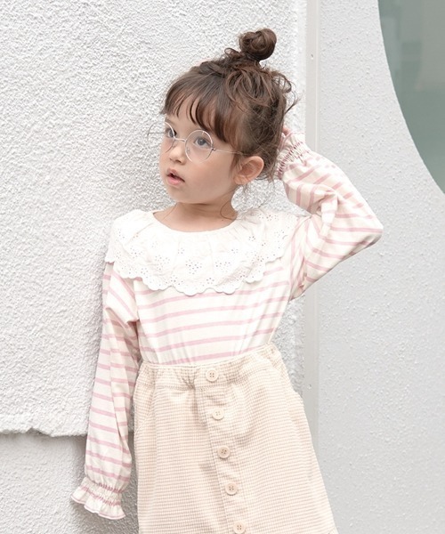 Lycee mine(リセマイン)の「【型崩れしないやわらかコットン】ラウンド衿付きトップス(Tシャツ/カットソー・キッズ・ラベンダー/グレイッシュベージュ/ダークブラウン/ピンク・110cm/120cm/140cm/150cm/130cm/100cm)」の9枚目の写真