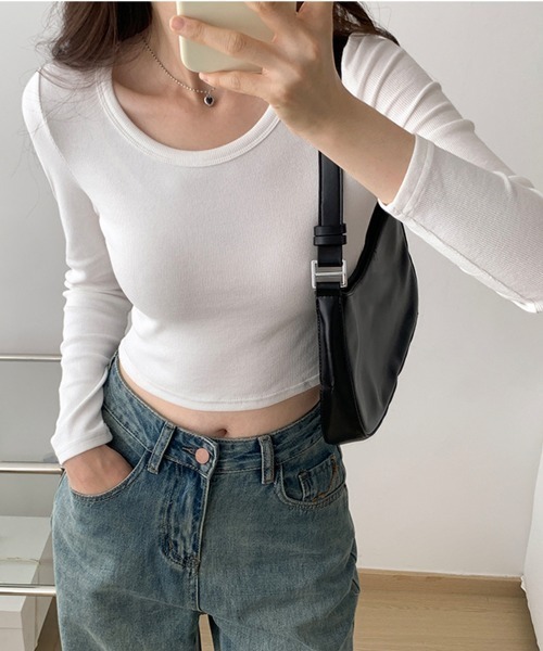 PRIVATE BEACH(プライベートビーチ)の「クロップド丈ロンT(Tシャツ/カットソー・レディース・カーキ/ブラック/ホワイト/グレー・S/M/L)」の9枚目の写真