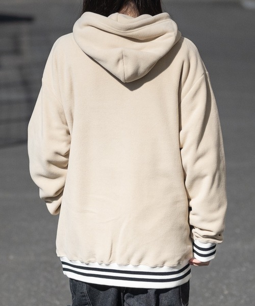 a】ワンポイント刺繍 フリース ラインリブハーフジップフーディ