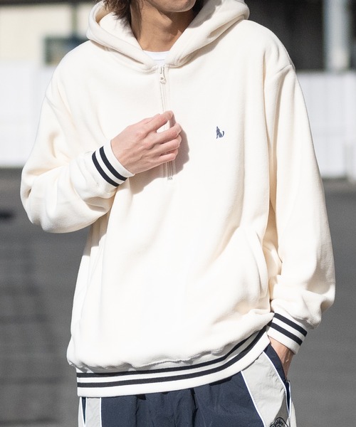 a】ワンポイント刺繍 フリース ラインリブハーフジップフーディ