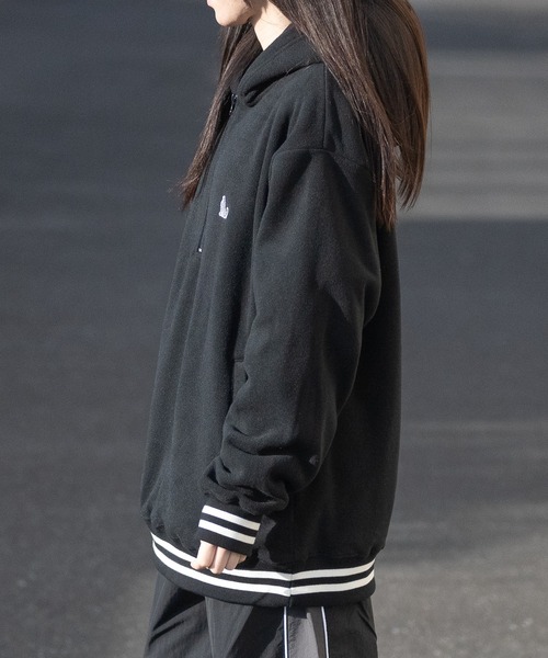 a】ワンポイント刺繍 フリース ラインリブハーフジップフーディ