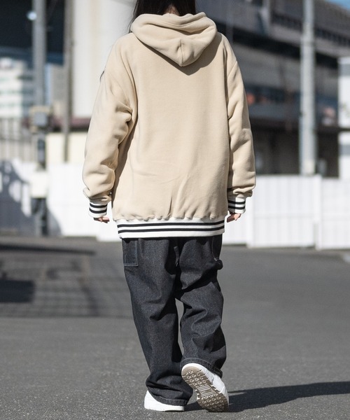 a】ワンポイント刺繍 フリース ラインリブハーフジップフーディ