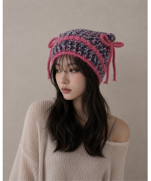 【ry;】猫耳ニット帽 ショッキングピンク ハンドメイド 編み物 セール】【HIKA】手編み猫耳ニットCAP（ニットキャップ/ビーニー