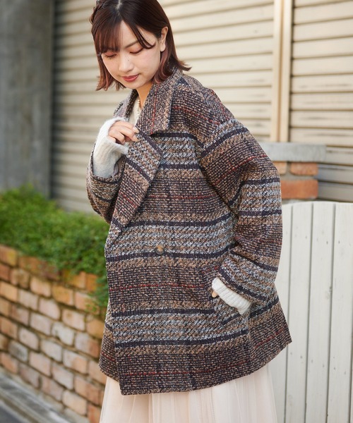 SPINNS（スピンズ）の「ミドル丈チェック柄ダブルテーラードコート（チェスターコート・レディース・グレー/ブラウン/グリーン・ONESIZE）」の16枚目の写真