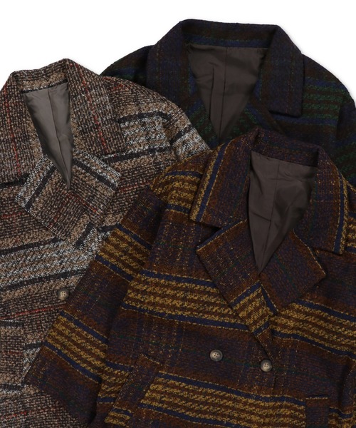 SPINNS（スピンズ）の「ミドル丈チェック柄ダブルテーラードコート（チェスターコート・レディース・グレー/ブラウン/グリーン・ONESIZE）」の4枚目の写真