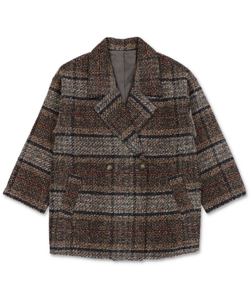 SPINNS（スピンズ）の「ミドル丈チェック柄ダブルテーラードコート（チェスターコート・レディース・グレー/ブラウン/グリーン・ONESIZE）」の7枚目の写真