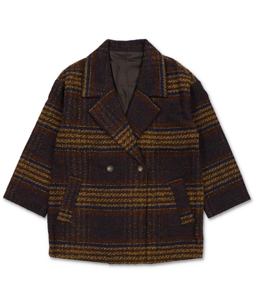 SPINNS（スピンズ）の「ミドル丈チェック柄ダブルテーラードコート（チェスターコート・レディース・グレー/ブラウン/グリーン・ONESIZE）」の5枚目の写真