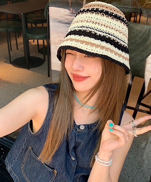 c.u.l（シーユーエル）の「かぎ編み ボーダーデザイン クロシェハット cula829（ハット・レディース・アイボリー/ブラック/オレンジ/グリーン・FREE）」の6枚目の写真